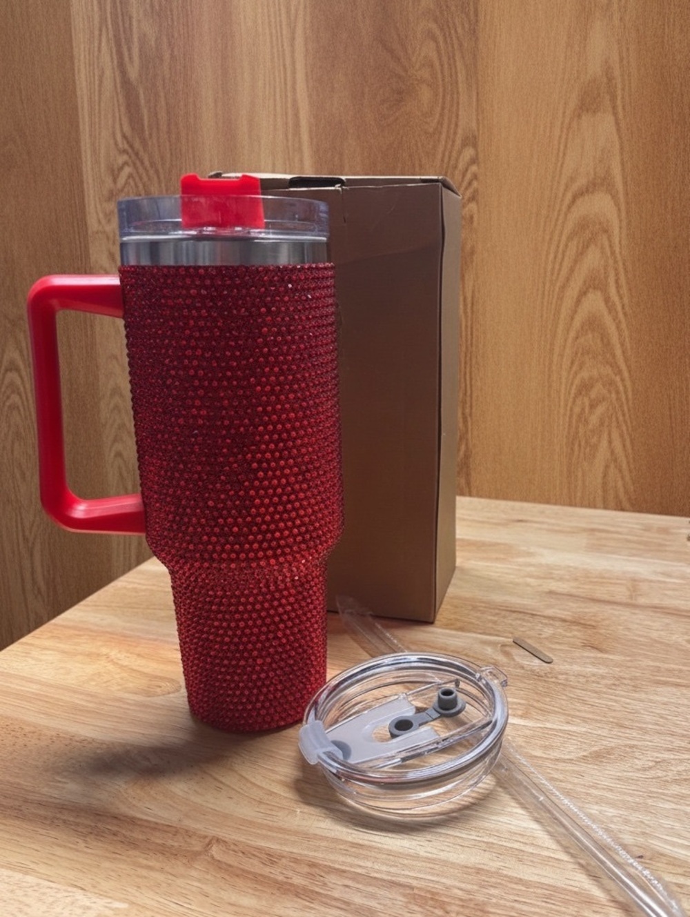 Red Rhinestone Embellished Travel Tumbler with Handle and Straw 40oz